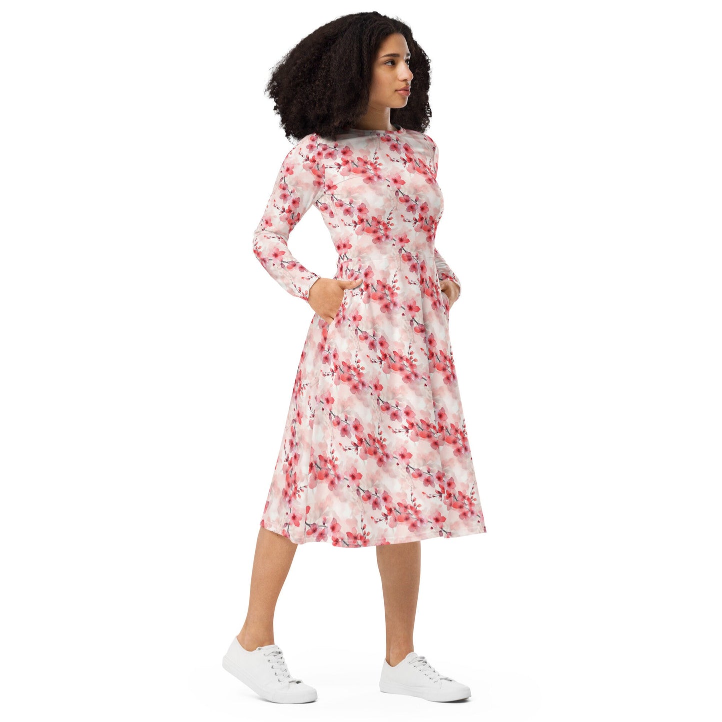 Cherry Blossom - All-over print long sleeve midi dress