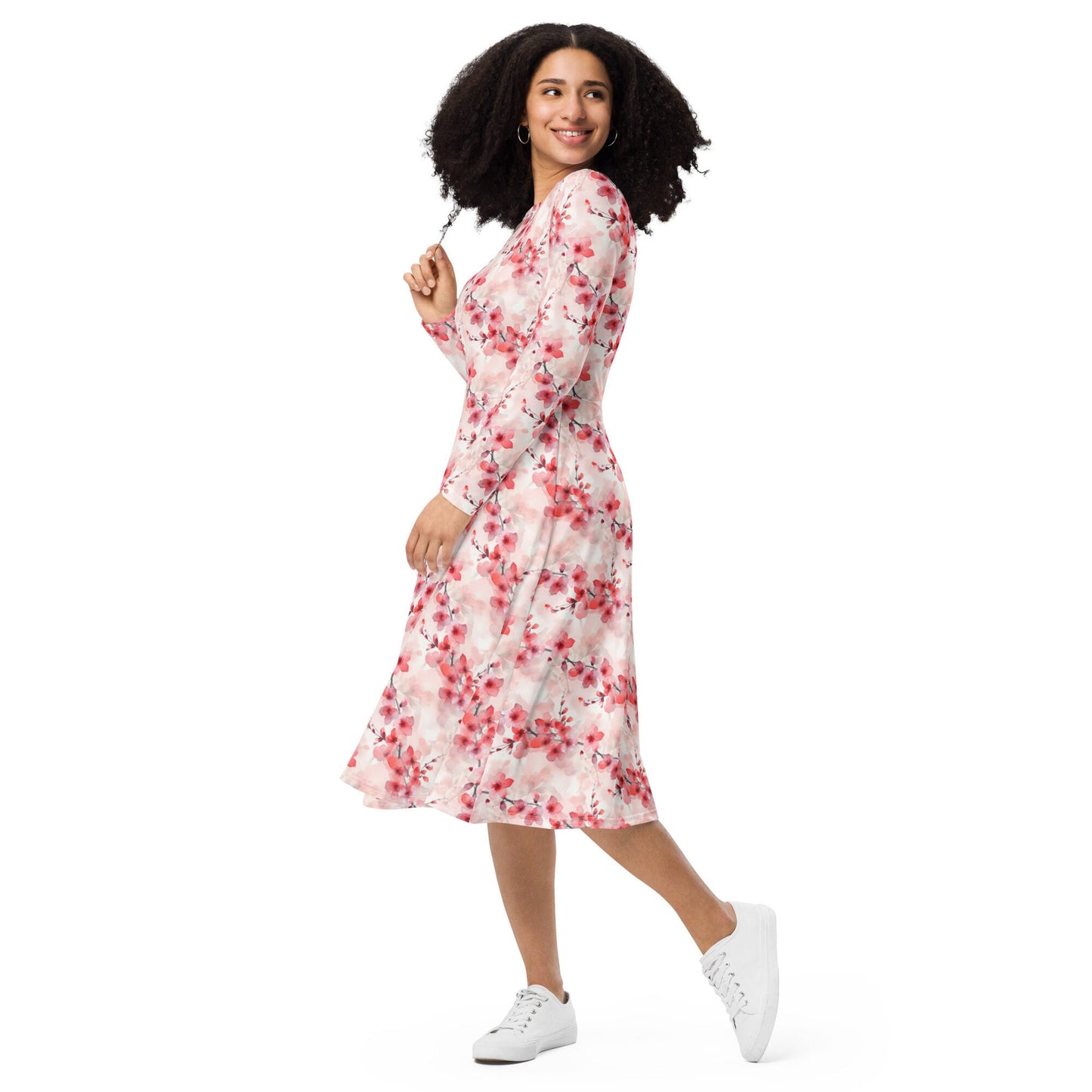 Cherry Blossom - All-over print long sleeve midi dress