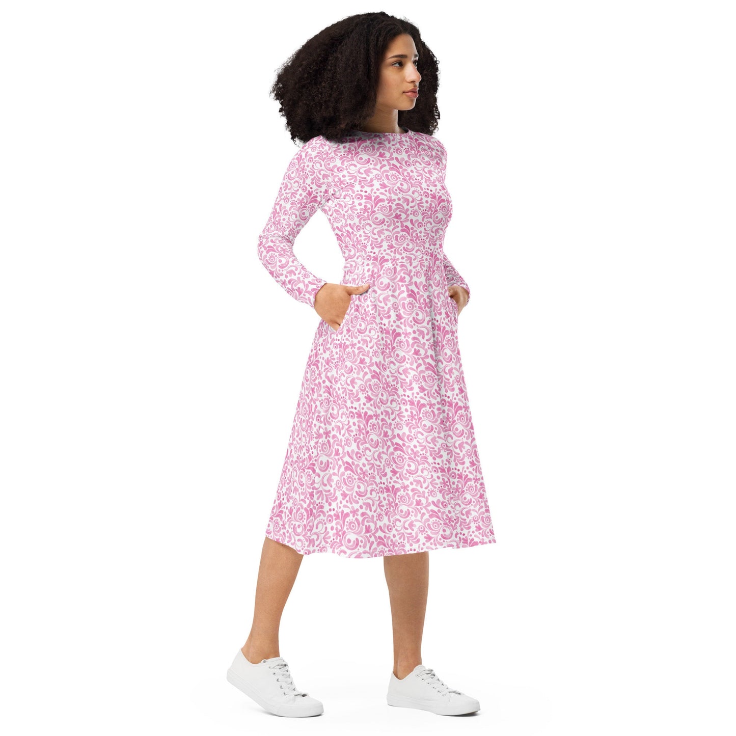 Pink - Watercolor Swirls - All-over print long sleeve midi dress