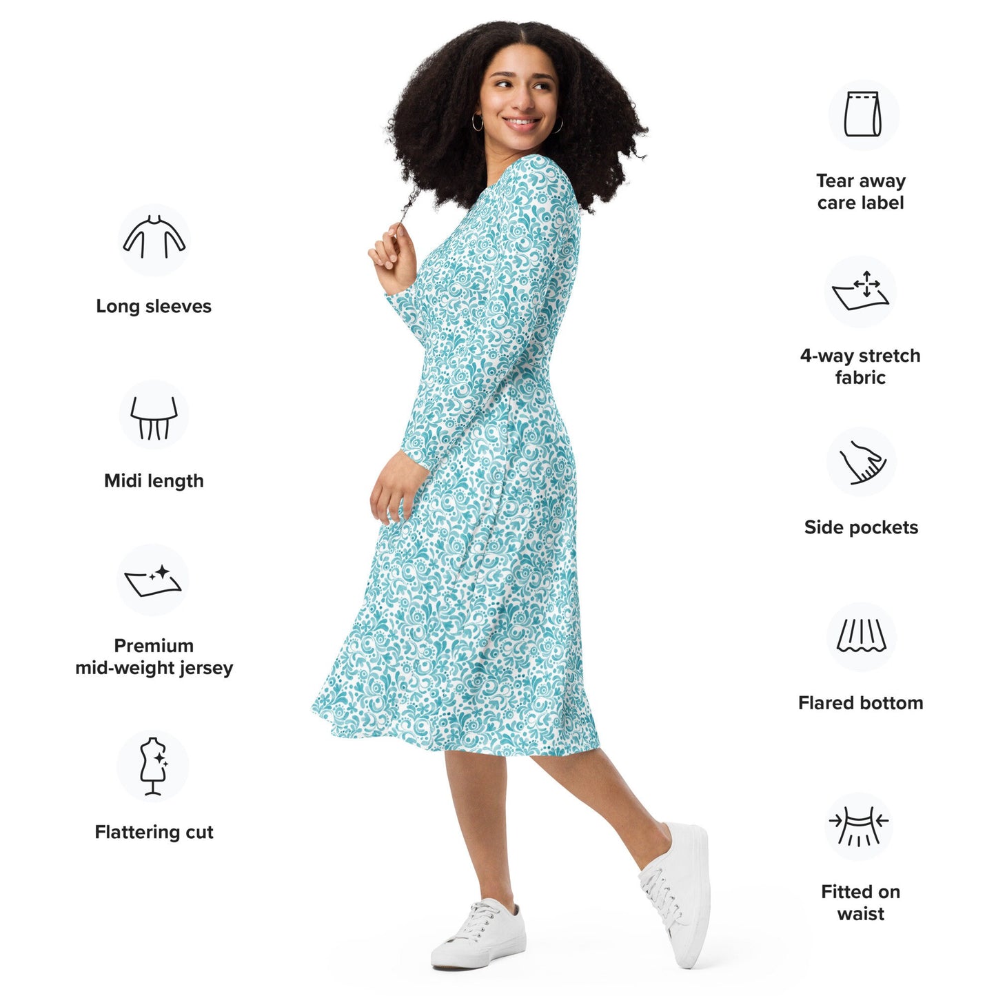 Teal - Watercolor Swirls - All-over print long sleeve midi dress