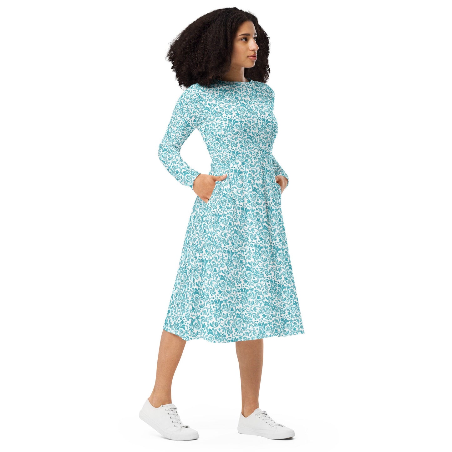 Teal - Watercolor Swirls - All-over print long sleeve midi dress