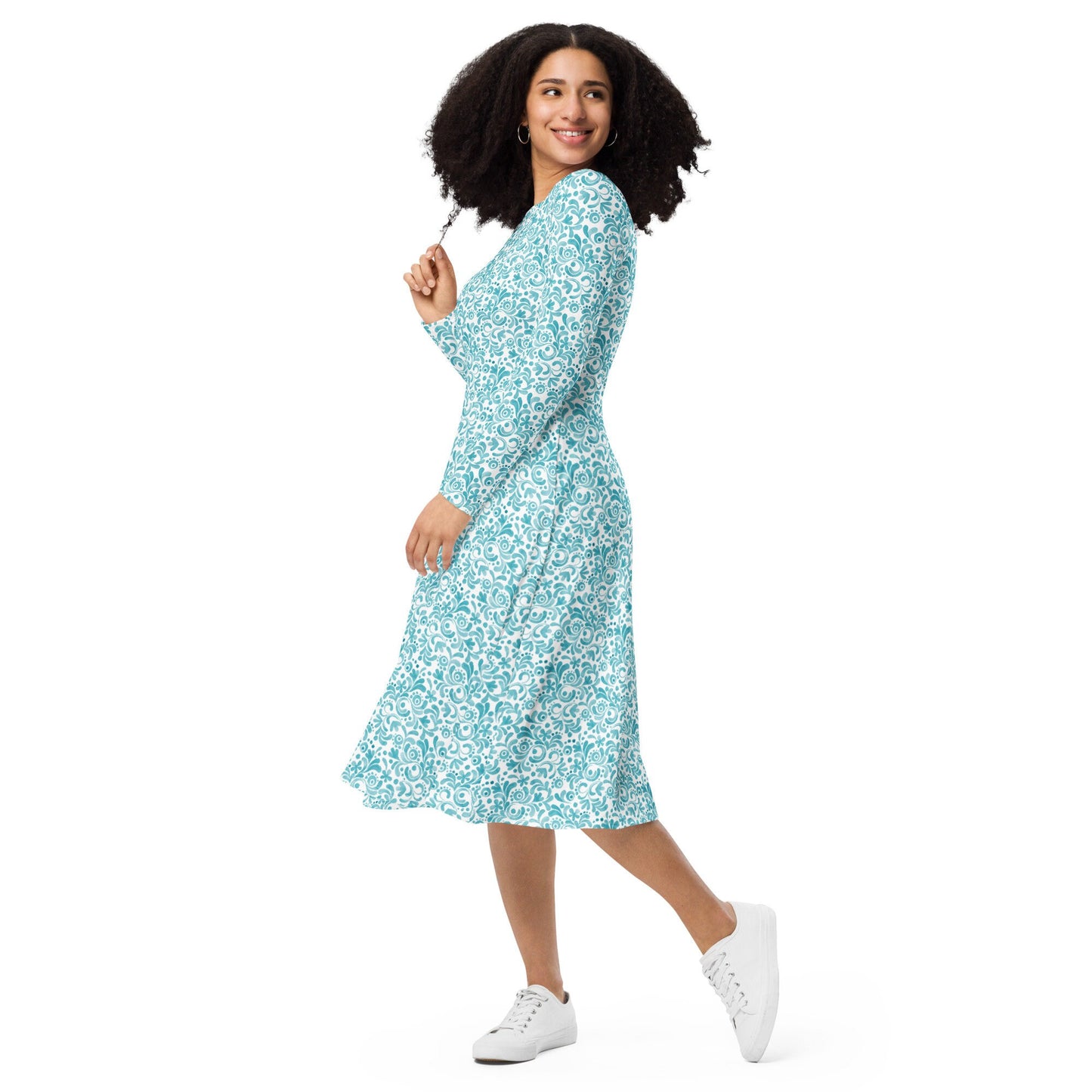 Teal - Watercolor Swirls - All-over print long sleeve midi dress