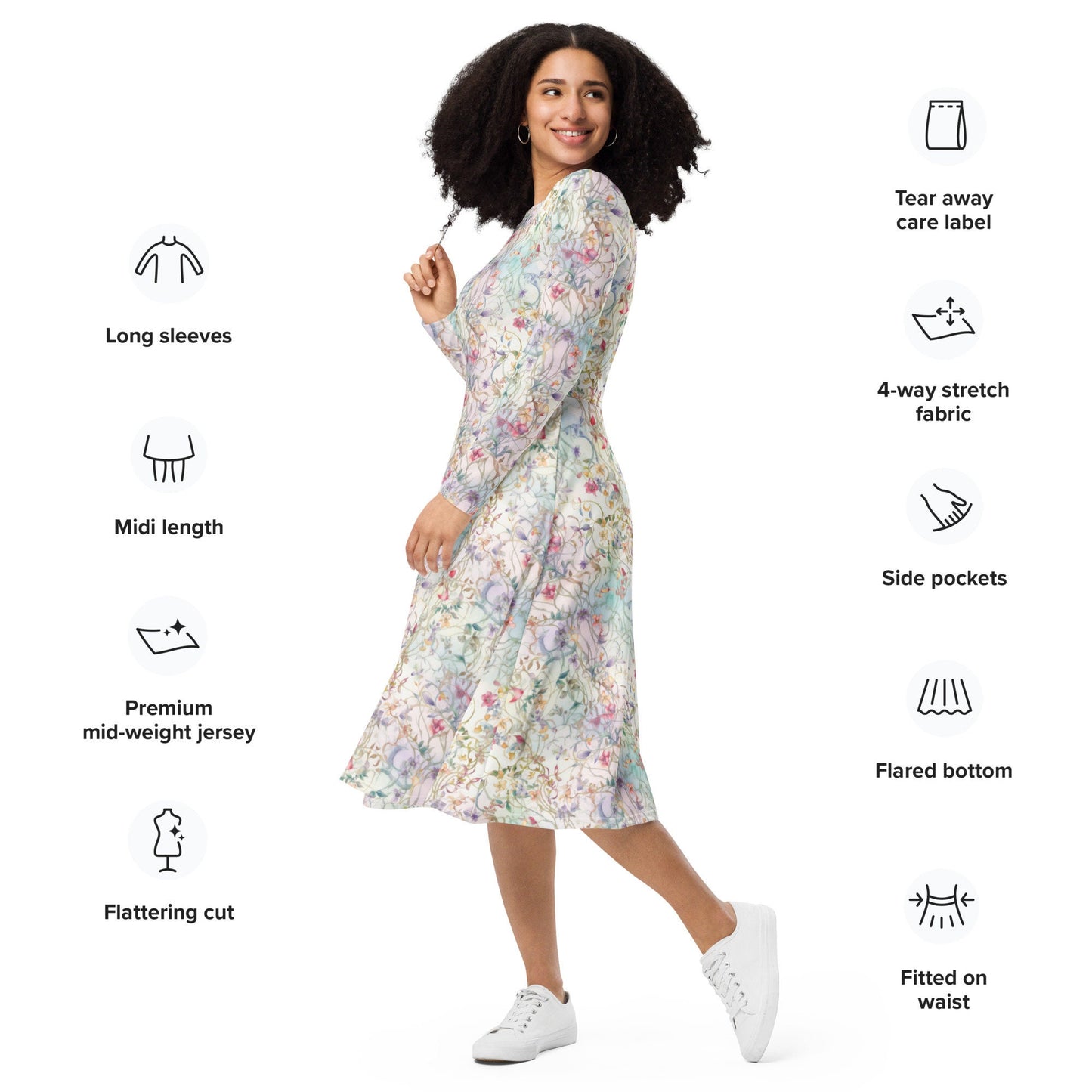 Floral Watercolor - Light -  All-over print long sleeve midi dress