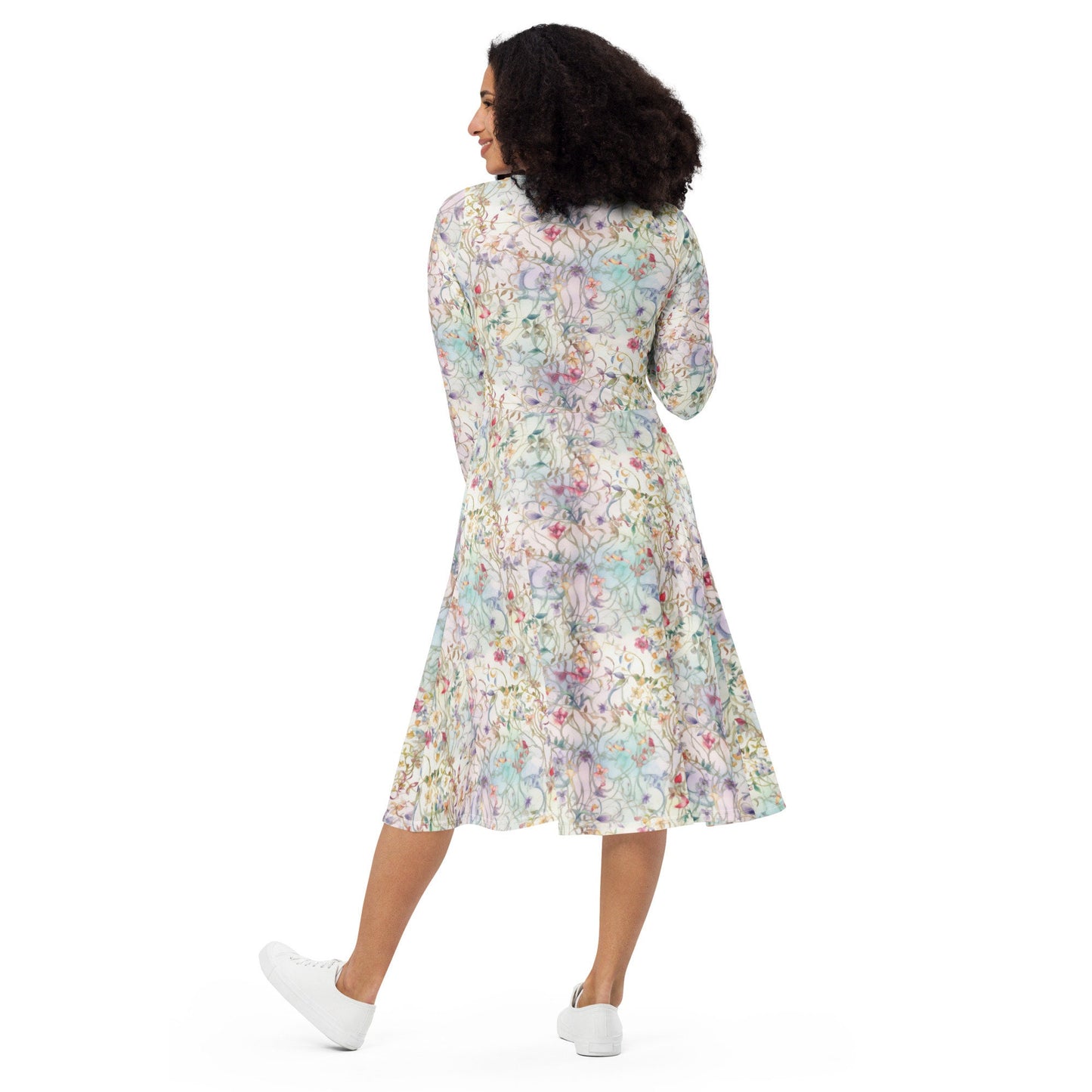 Floral Watercolor - Light -  All-over print long sleeve midi dress