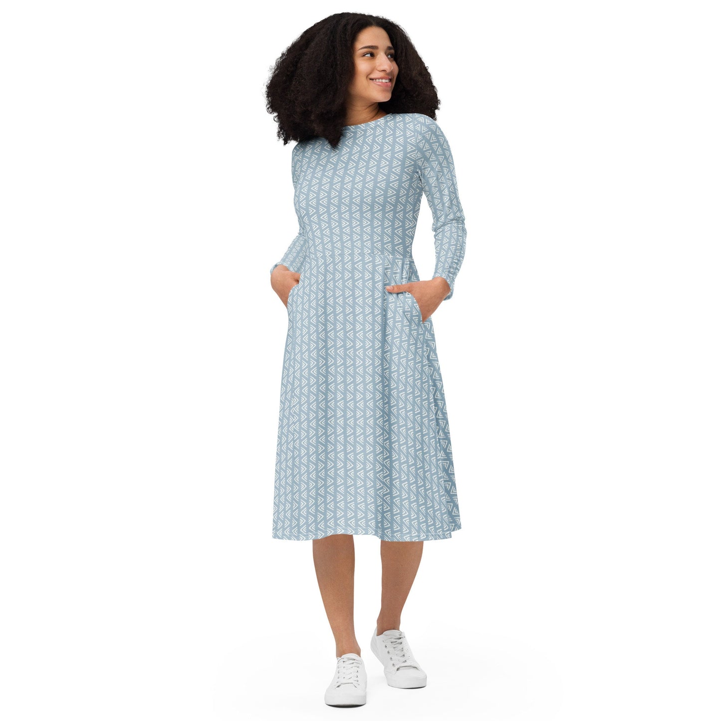 Blue Boho - All-over print long sleeve midi dress