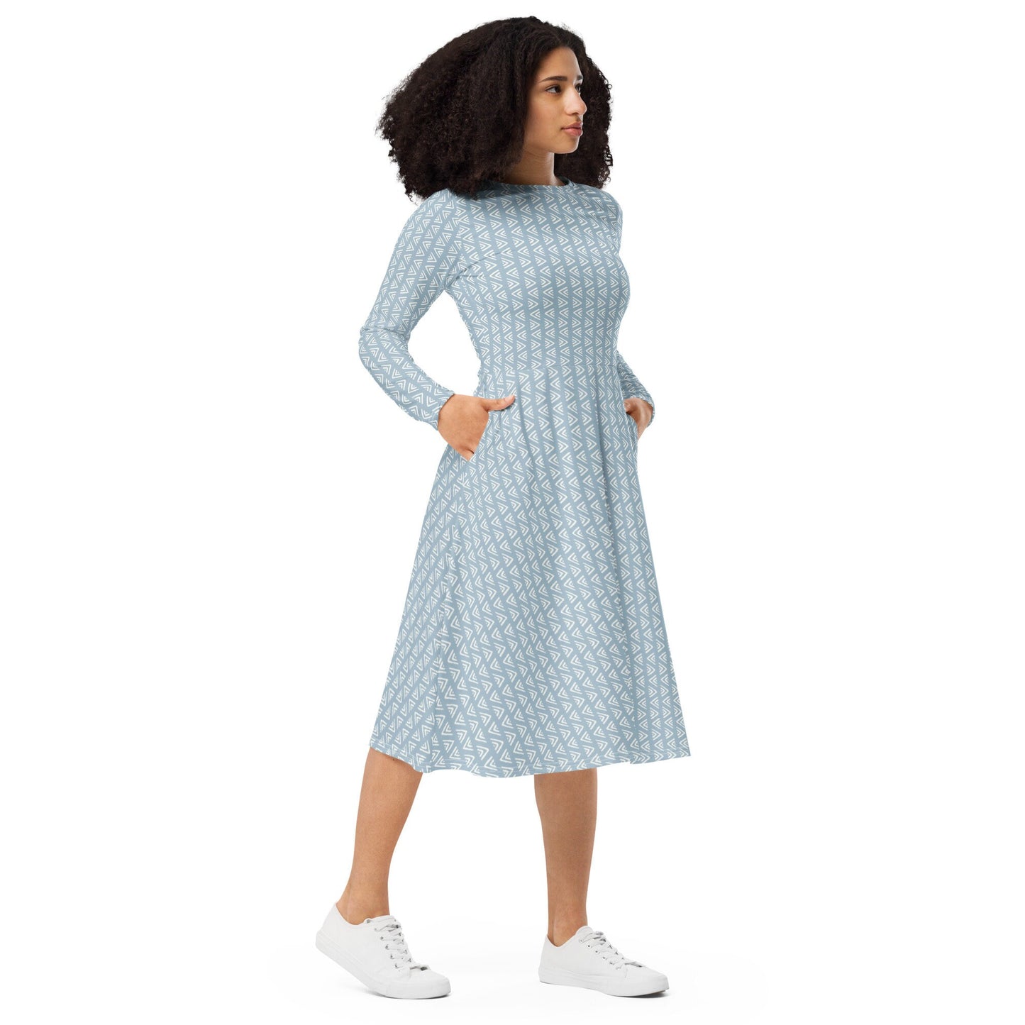 Blue Boho - All-over print long sleeve midi dress