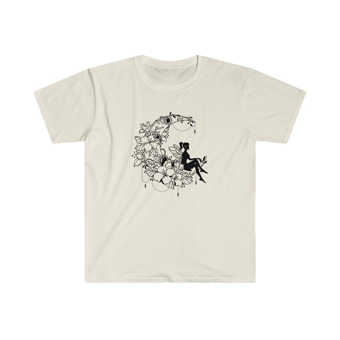 Fairy Sitting on Moon with Flowers  - Unisex Softstyle T-Shirt
