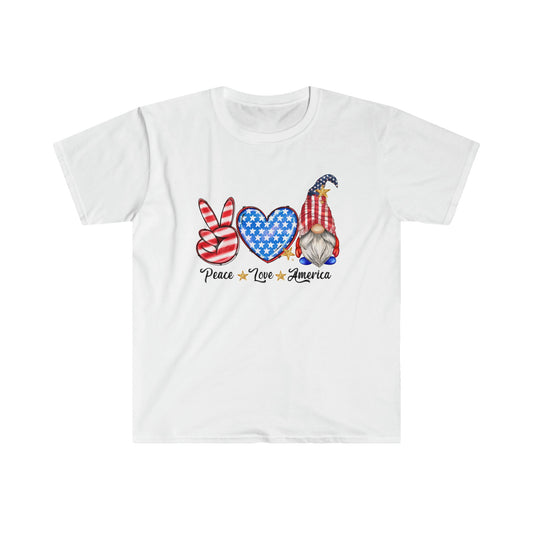 Peace - Love - America - American Flag - Peace Sign - Heart - Gnome - 4th of July - Independence Day - Unisex Softstyle T-Shirt
