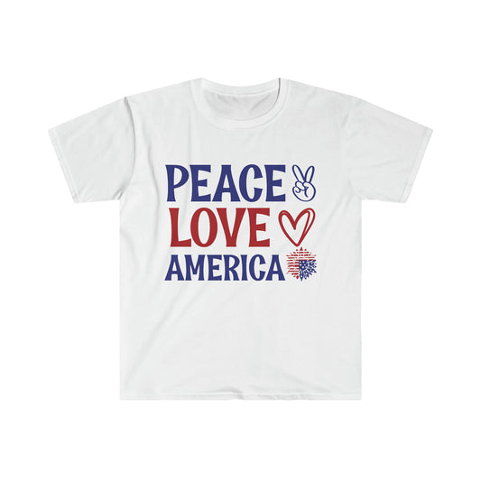 Peace - Love - America - American Flag - Peace Sign - Heart - Sunflower - 4th of July - Independence Day - Unisex Softstyle T-Shirt