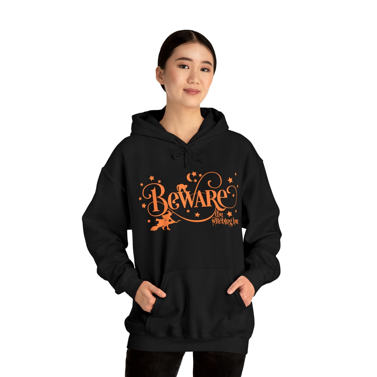 Halloween - Beware the Witching Hour - Witch - Broom - Stars - Moon - Unisex Heavy Blend™ Hooded Sweatshirt
