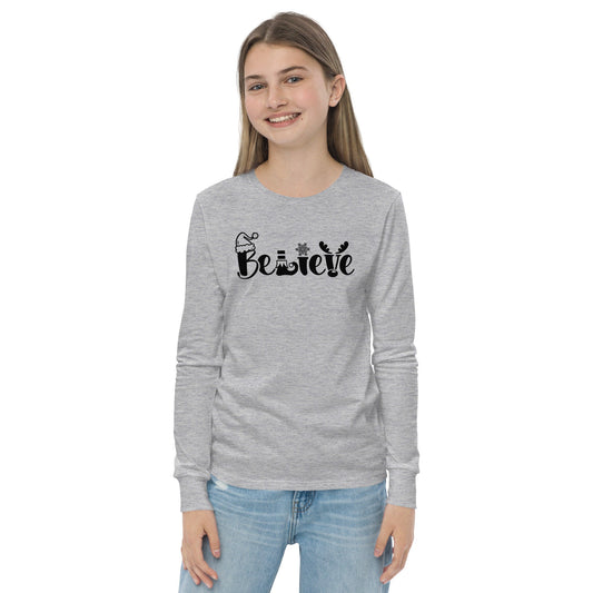 Believe - Santa hat, Elf, Reindeer, Snowflake - Funny Christmas - Youth long sleeve tee - Black