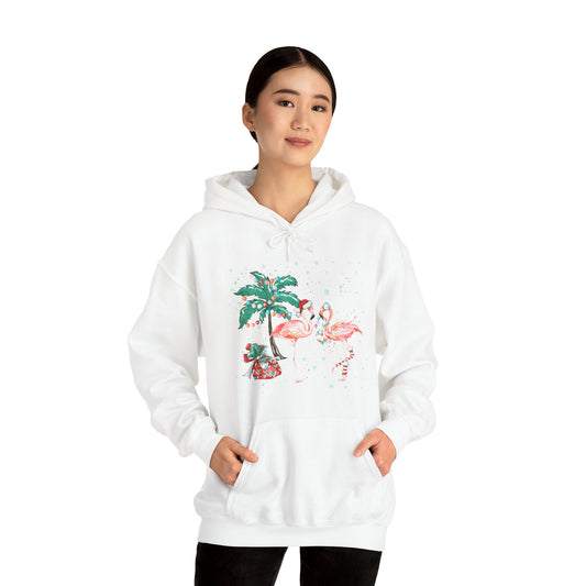 Flamingo Christmas - Palm Trees, Santa Hat, Presents - Funny Christmas - Unisex Heavy Blend™ Hooded Sweatshirt