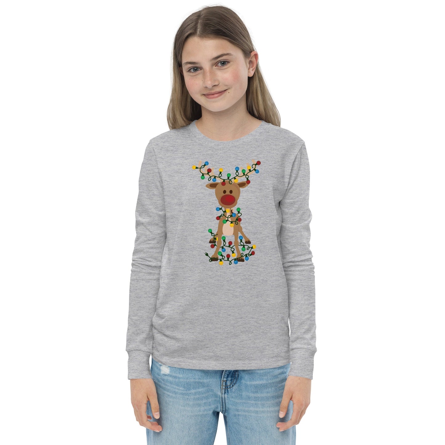 Reindeer Covered in Christmas Lights - Funny Christmas - Youth long sleeve tee