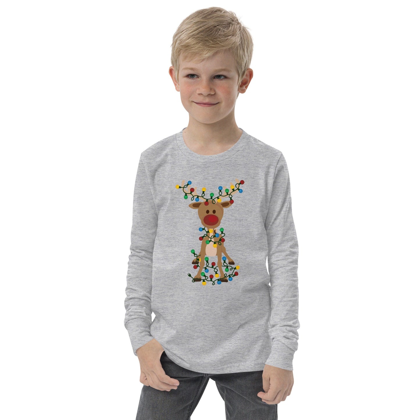 Reindeer Covered in Christmas Lights - Funny Christmas - Youth long sleeve tee
