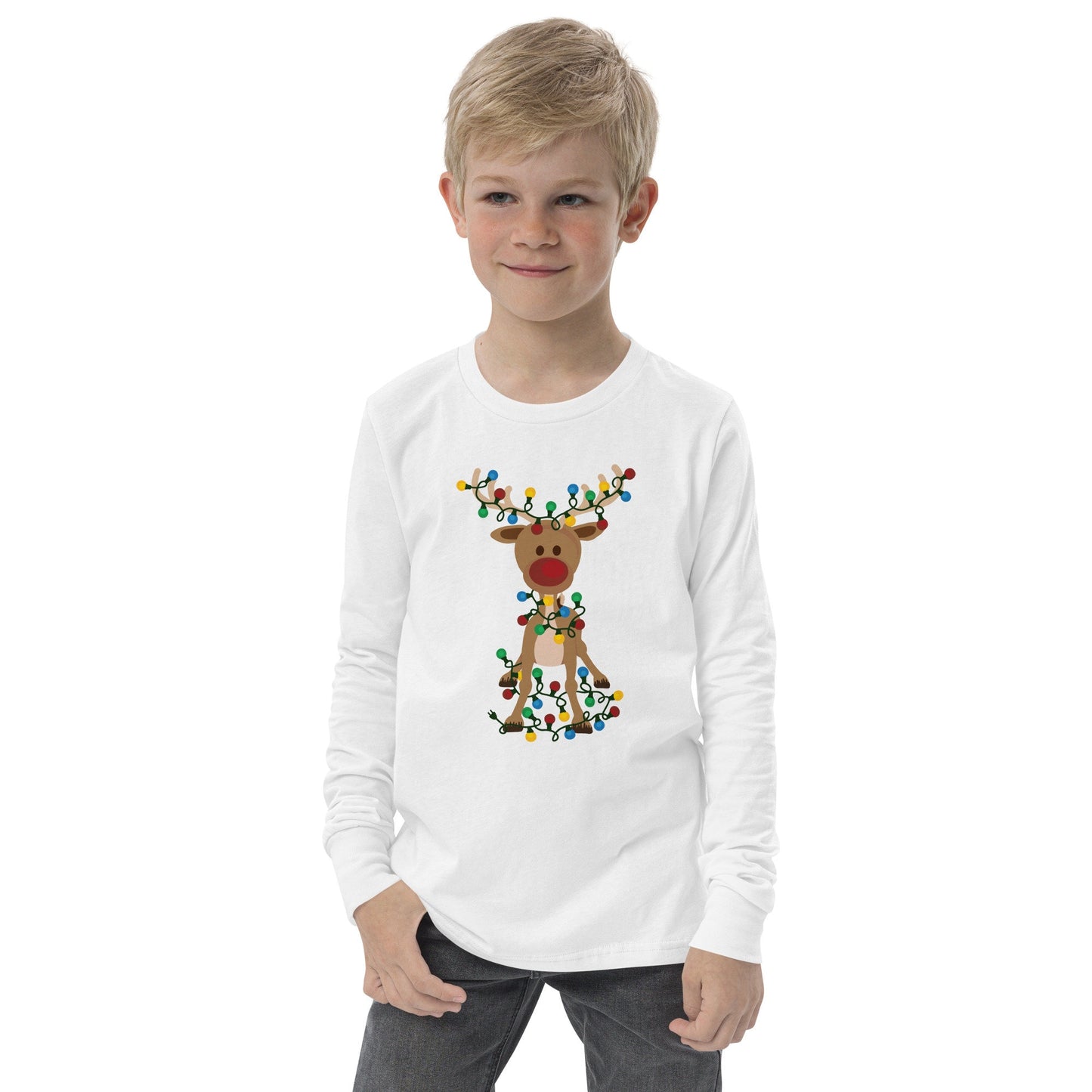 Reindeer Covered in Christmas Lights - Funny Christmas - Youth long sleeve tee