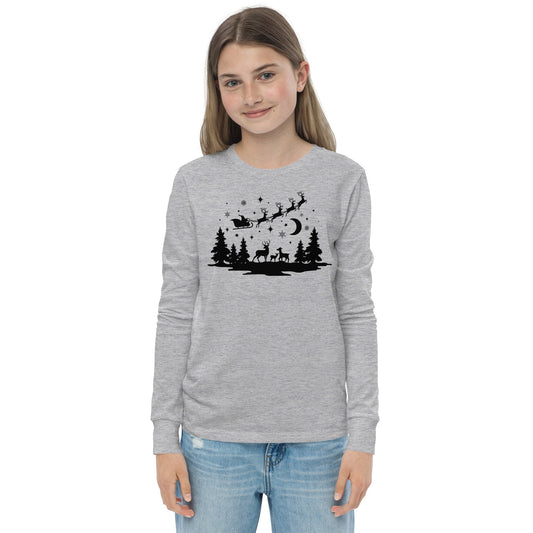 Forest Silhouette - Santa Riding over in Sleigh with Reindeer - Youth long sleeve tee