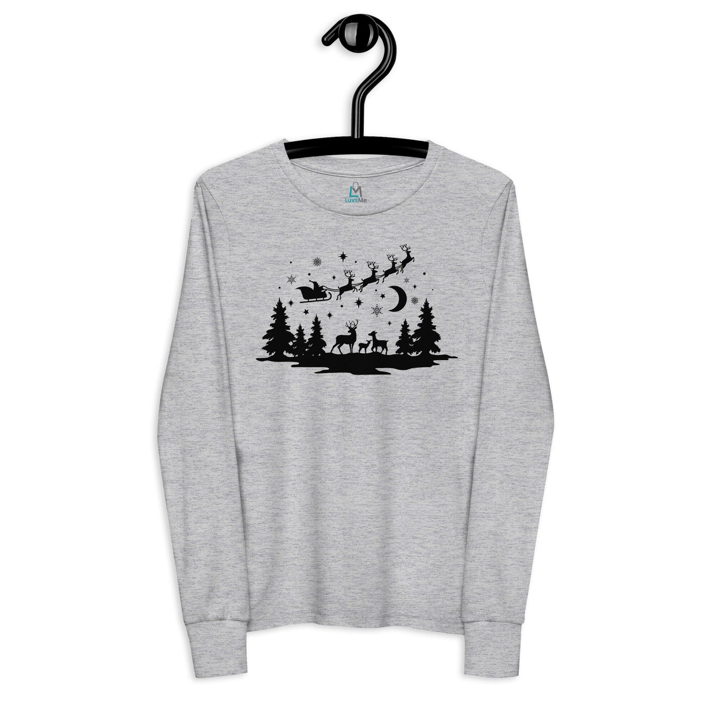 Forest Silhouette - Santa Riding over in Sleigh with Reindeer - Youth long sleeve tee