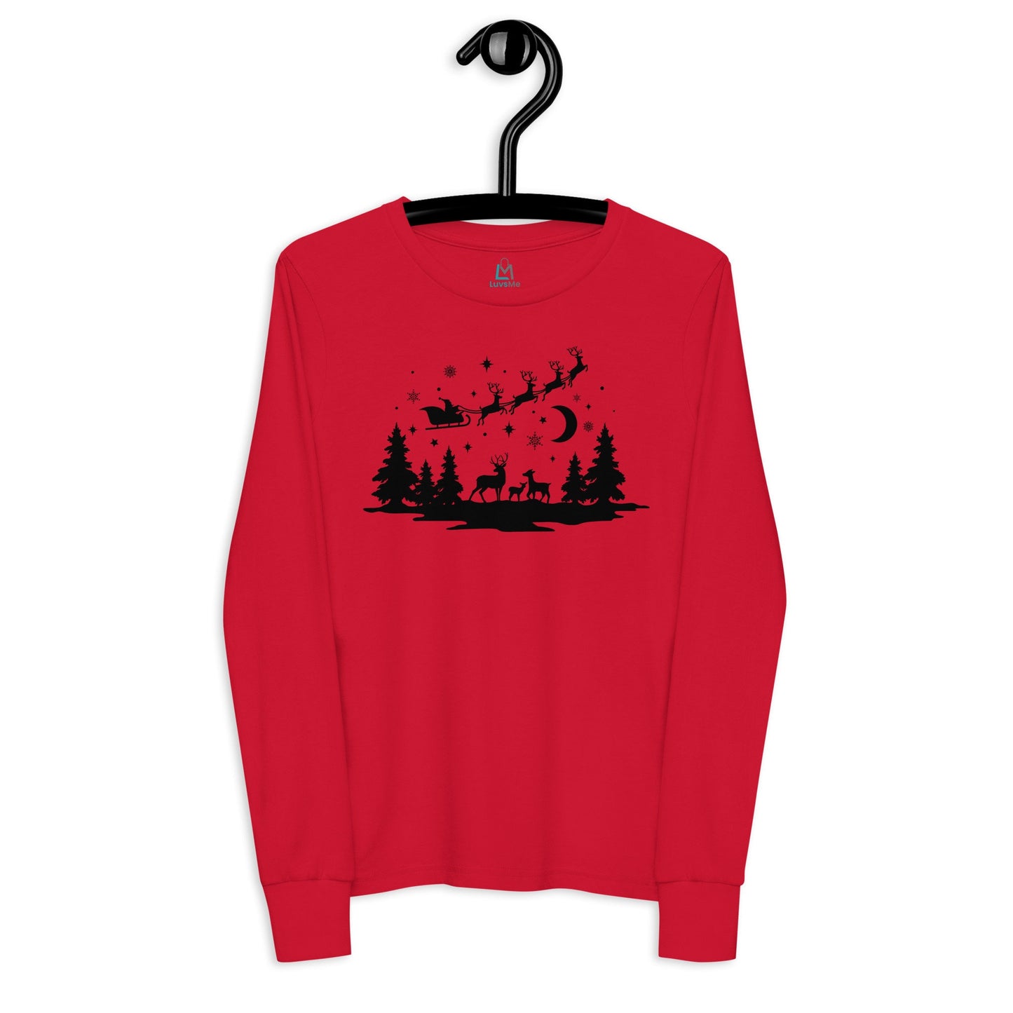 Forest Silhouette - Santa Riding over in Sleigh with Reindeer - Youth long sleeve tee