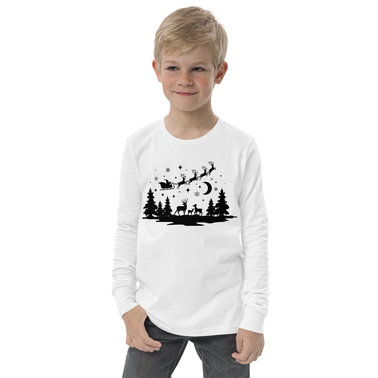 Forest Silhouette - Santa Riding over in Sleigh with Reindeer - Youth long sleeve tee