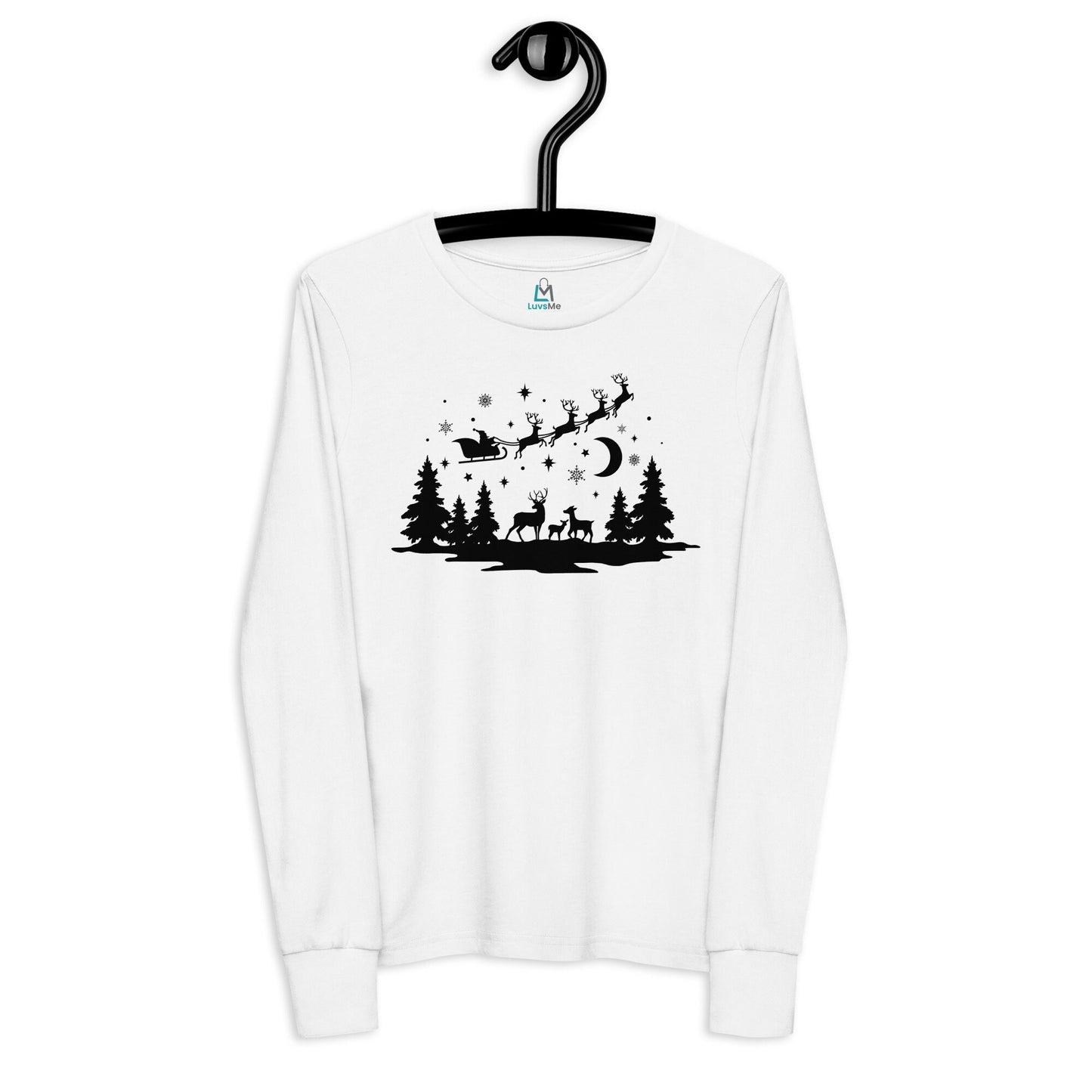 Forest Silhouette - Santa Riding over in Sleigh with Reindeer - Youth long sleeve tee
