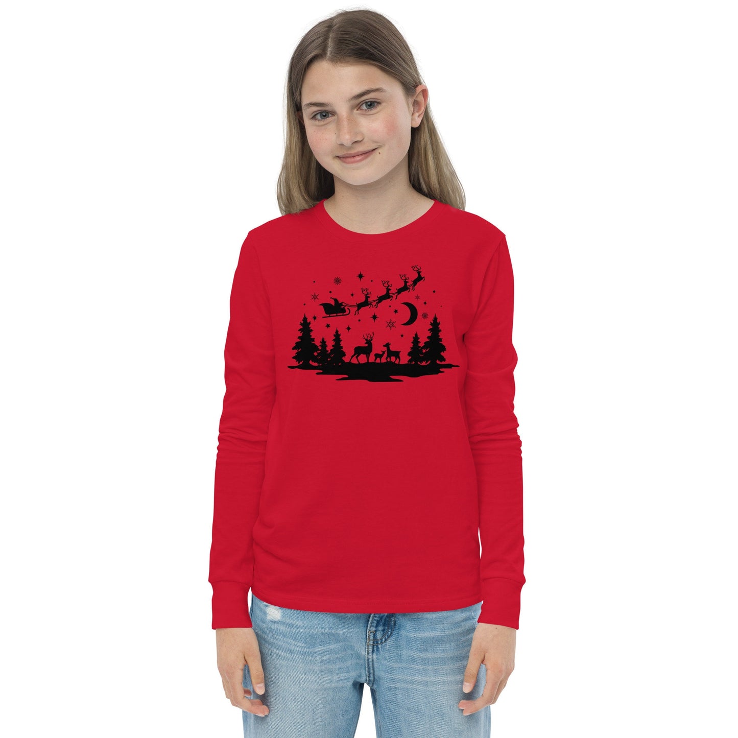 Forest Silhouette - Santa Riding over in Sleigh with Reindeer - Youth long sleeve tee