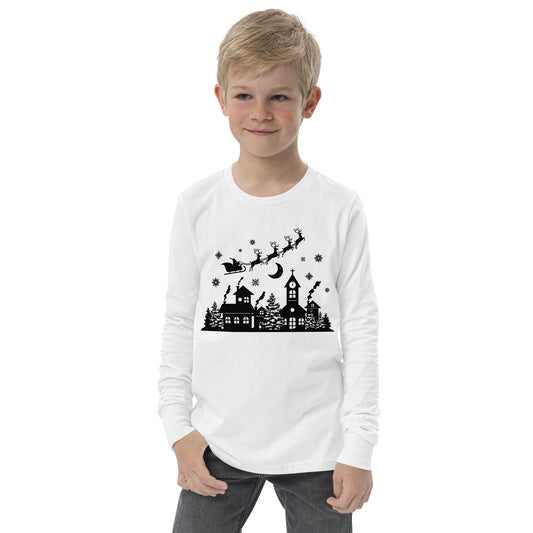 Old Town Silhouette - Santa Riding over in Sleigh with Reindeer - Youth long sleeve tee