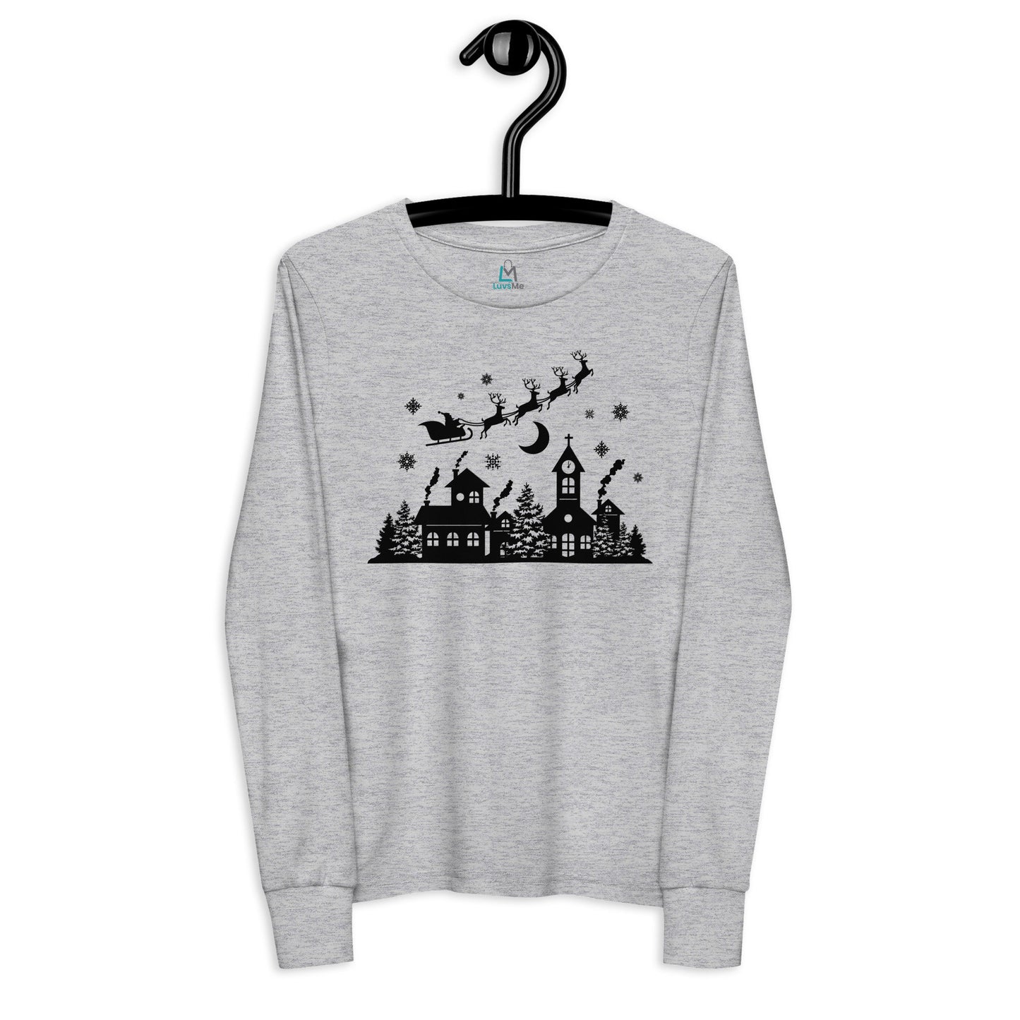 Old Town Silhouette - Santa Riding over in Sleigh with Reindeer - Youth long sleeve tee