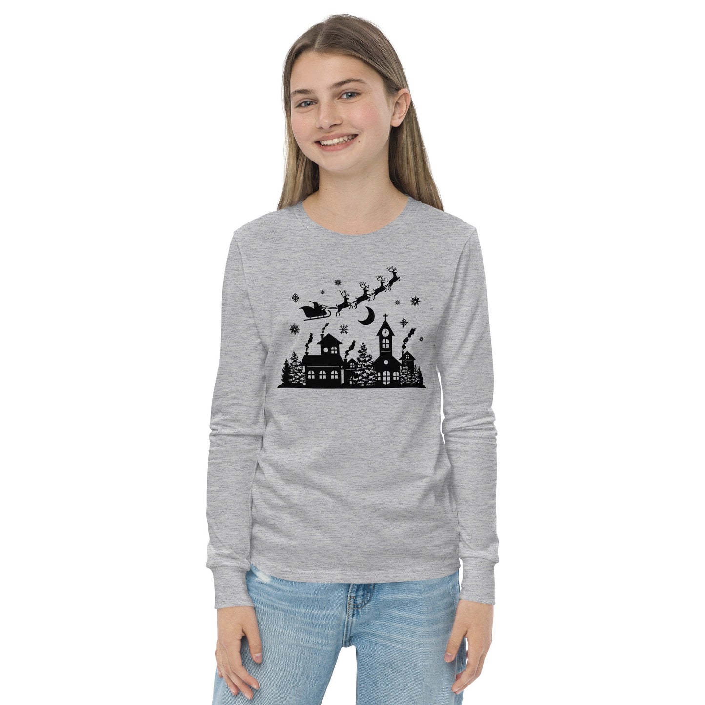Old Town Silhouette - Santa Riding over in Sleigh with Reindeer - Youth long sleeve tee