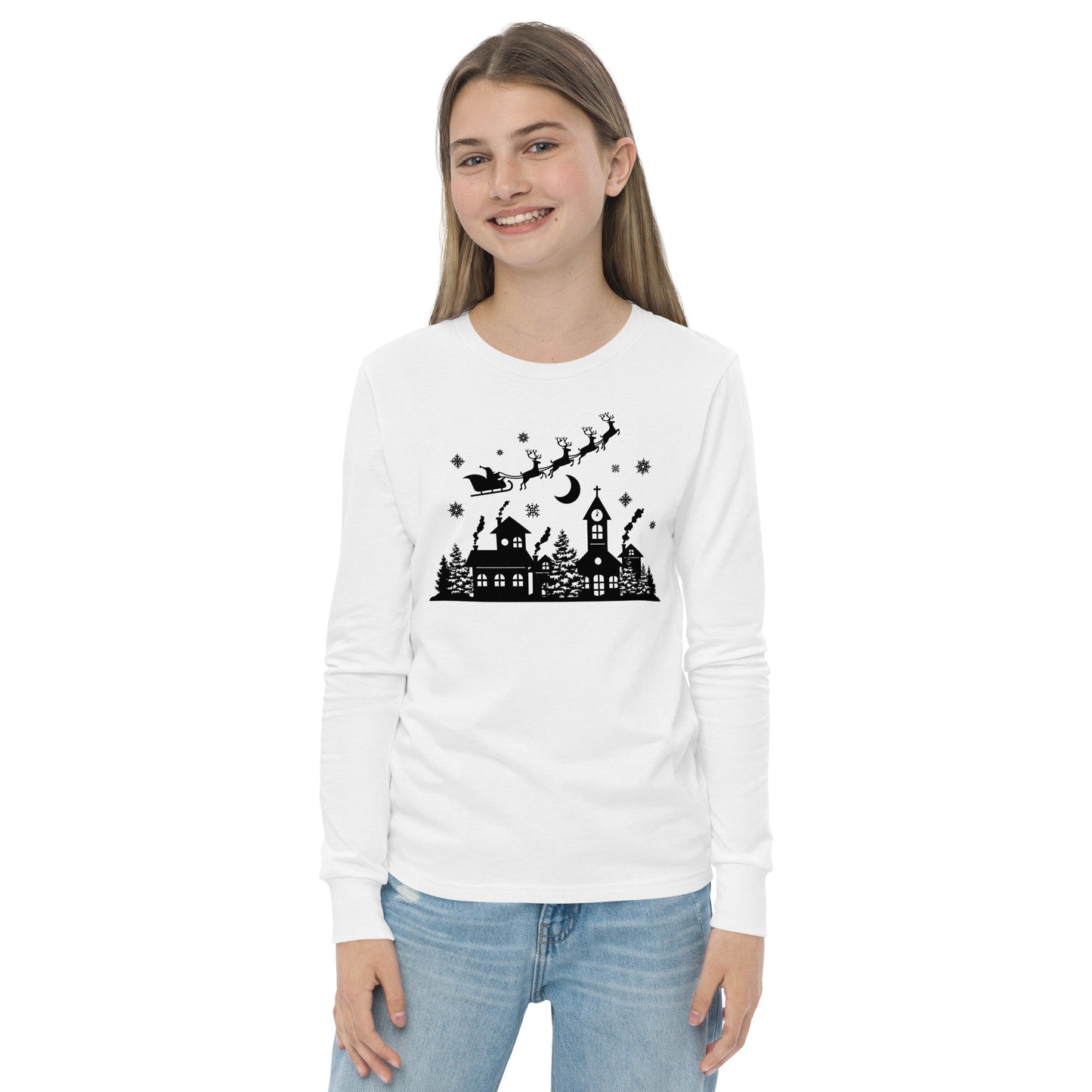 Old Town Silhouette - Santa Riding over in Sleigh with Reindeer - Youth long sleeve tee