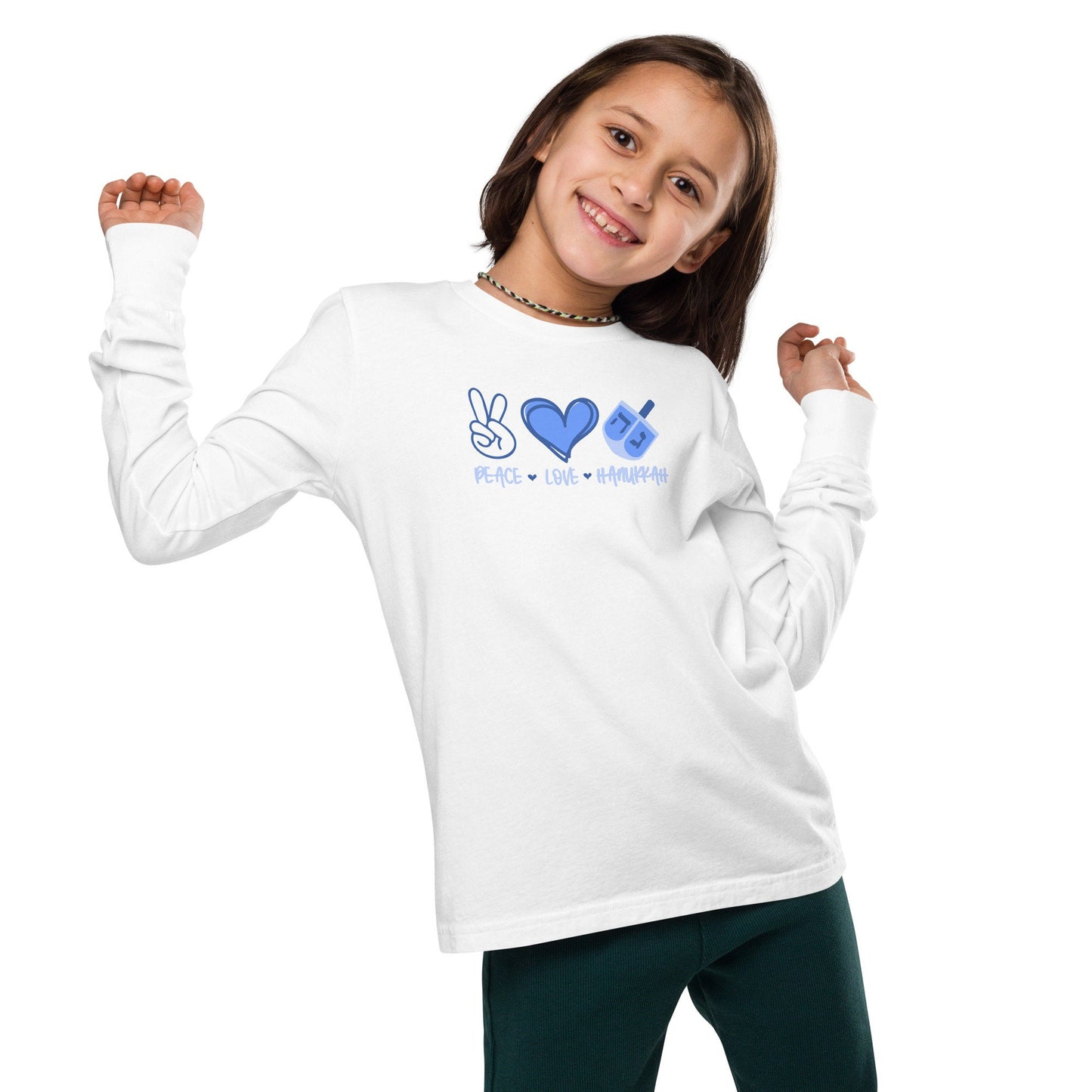 Hanukkah Saying - Peace, Love, Hanukkah - Fun Hanukkah Tshirt - Celebrate Hanukkah - Youth long sleeve tee