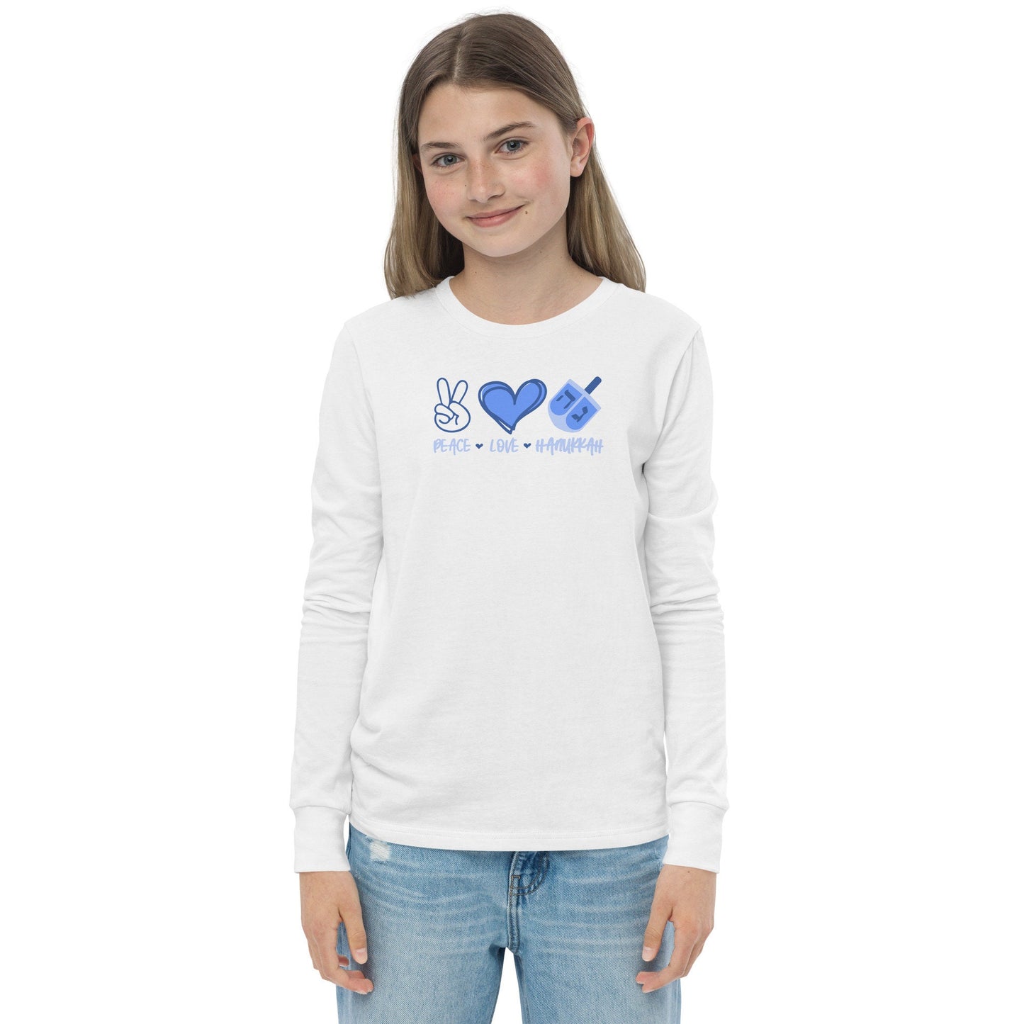 Hanukkah Saying - Peace, Love, Hanukkah - Fun Hanukkah Tshirt - Celebrate Hanukkah - Youth long sleeve tee