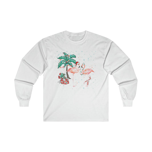 Flamingo Christmas - Palm Trees, Santa Hat, Presents - Funny Christmas - Ultra Cotton Long Sleeve Tee
