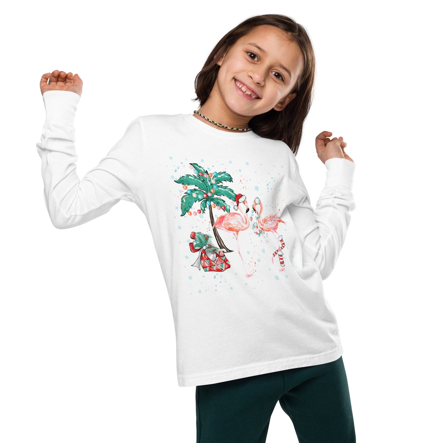 Flamingo Christmas - Palm Trees, Santa Hat, Presents - Funny Christmas - Youth long sleeve tee