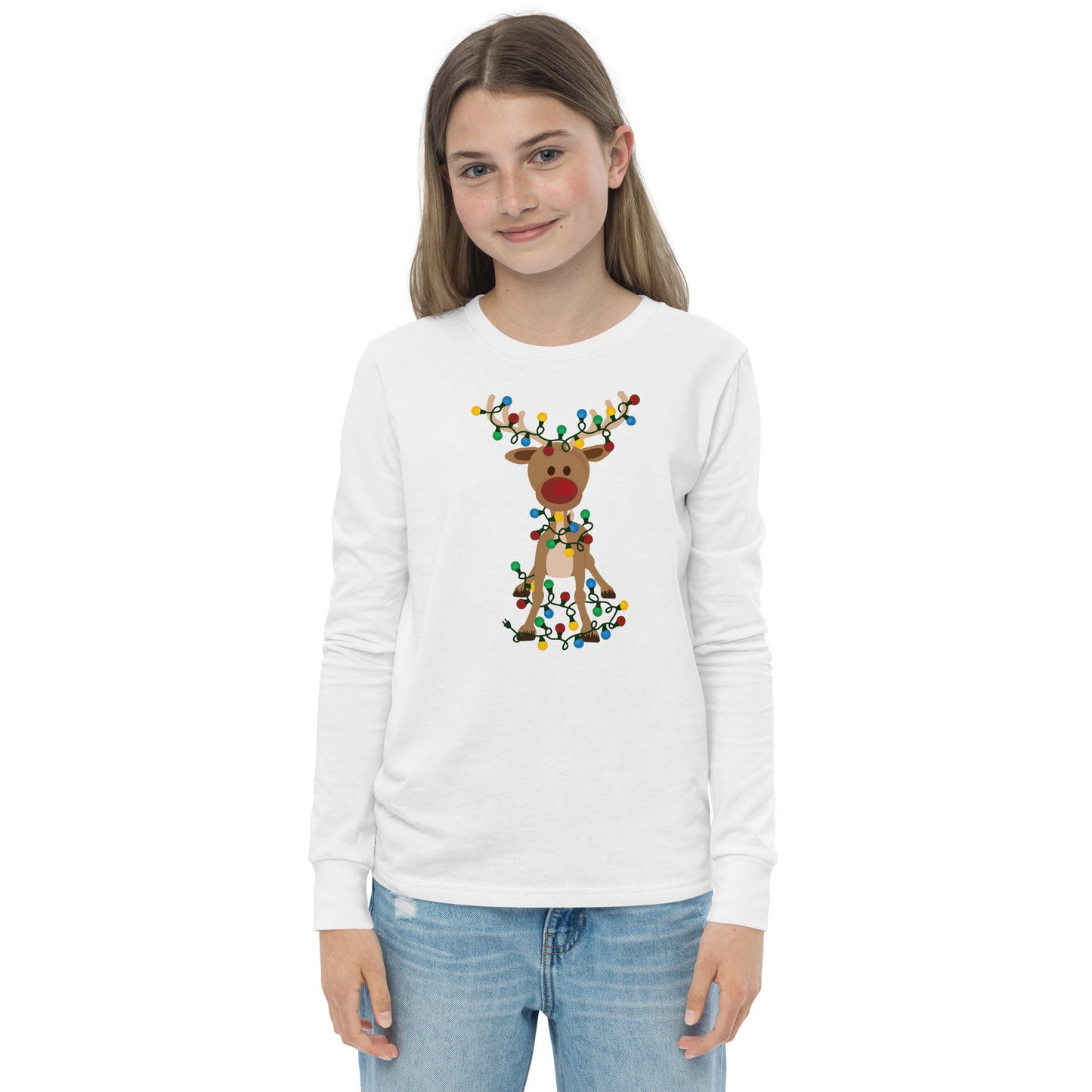 Reindeer Covered in Christmas Lights - Funny Christmas - Youth long sleeve tee