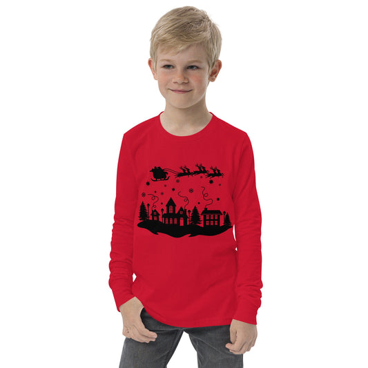 Holiday Town Silhouette - Santa Riding over in Sleigh with Reindeer - Funny Christmas - Youth long sleeve tee