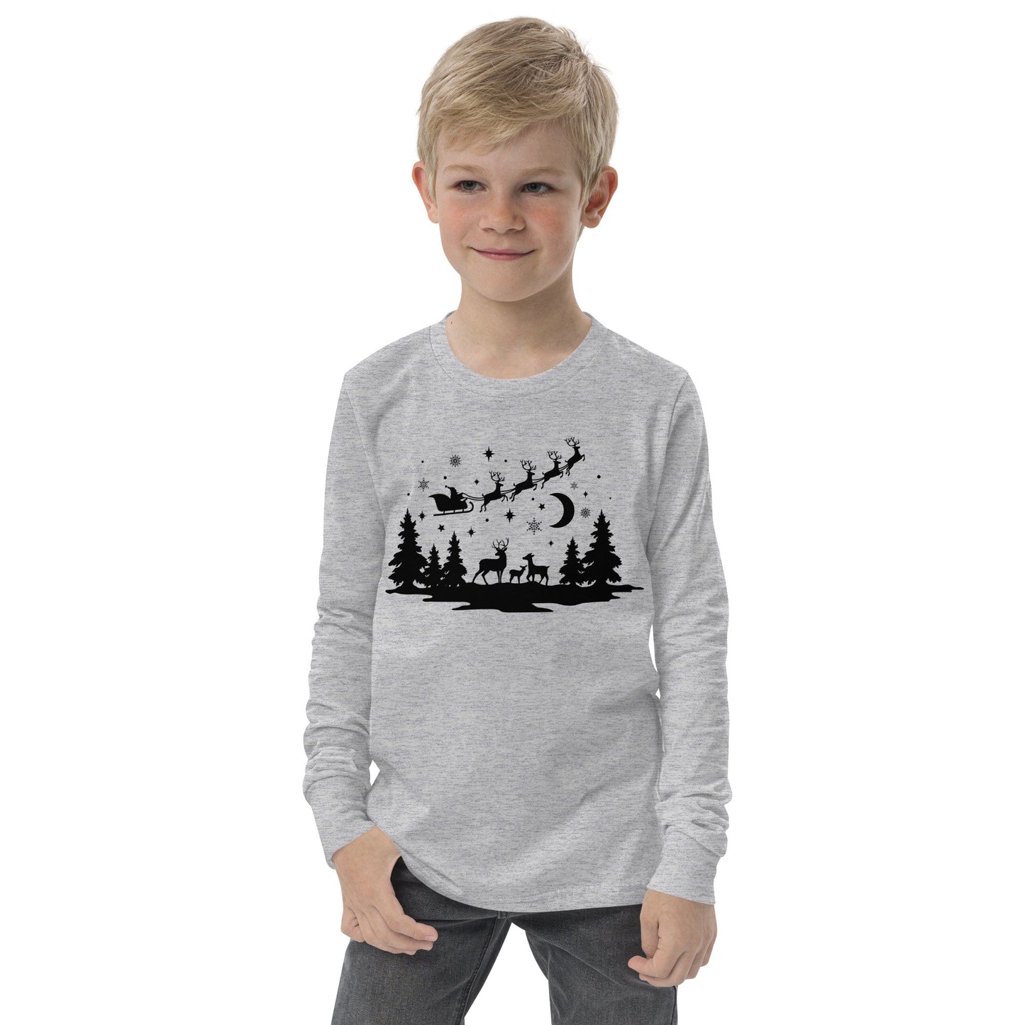 Forest Silhouette - Santa Riding over in Sleigh with Reindeer - Youth long sleeve tee