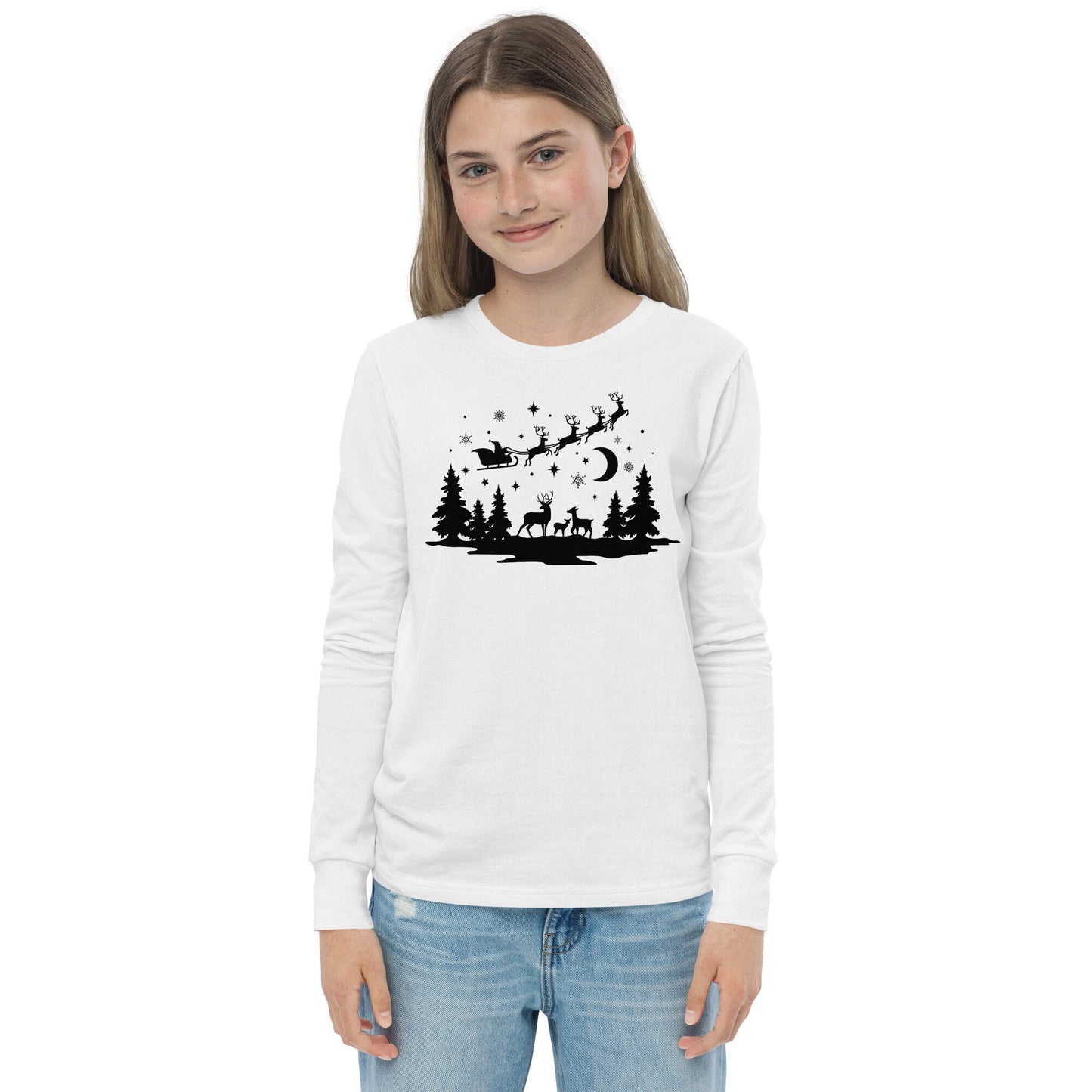 Forest Silhouette - Santa Riding over in Sleigh with Reindeer - Youth long sleeve tee