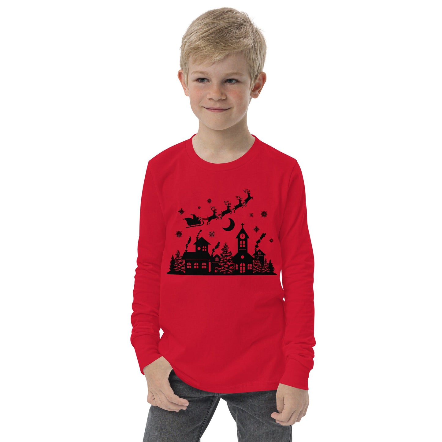 Old Town Silhouette - Santa Riding over in Sleigh with Reindeer - Youth long sleeve tee