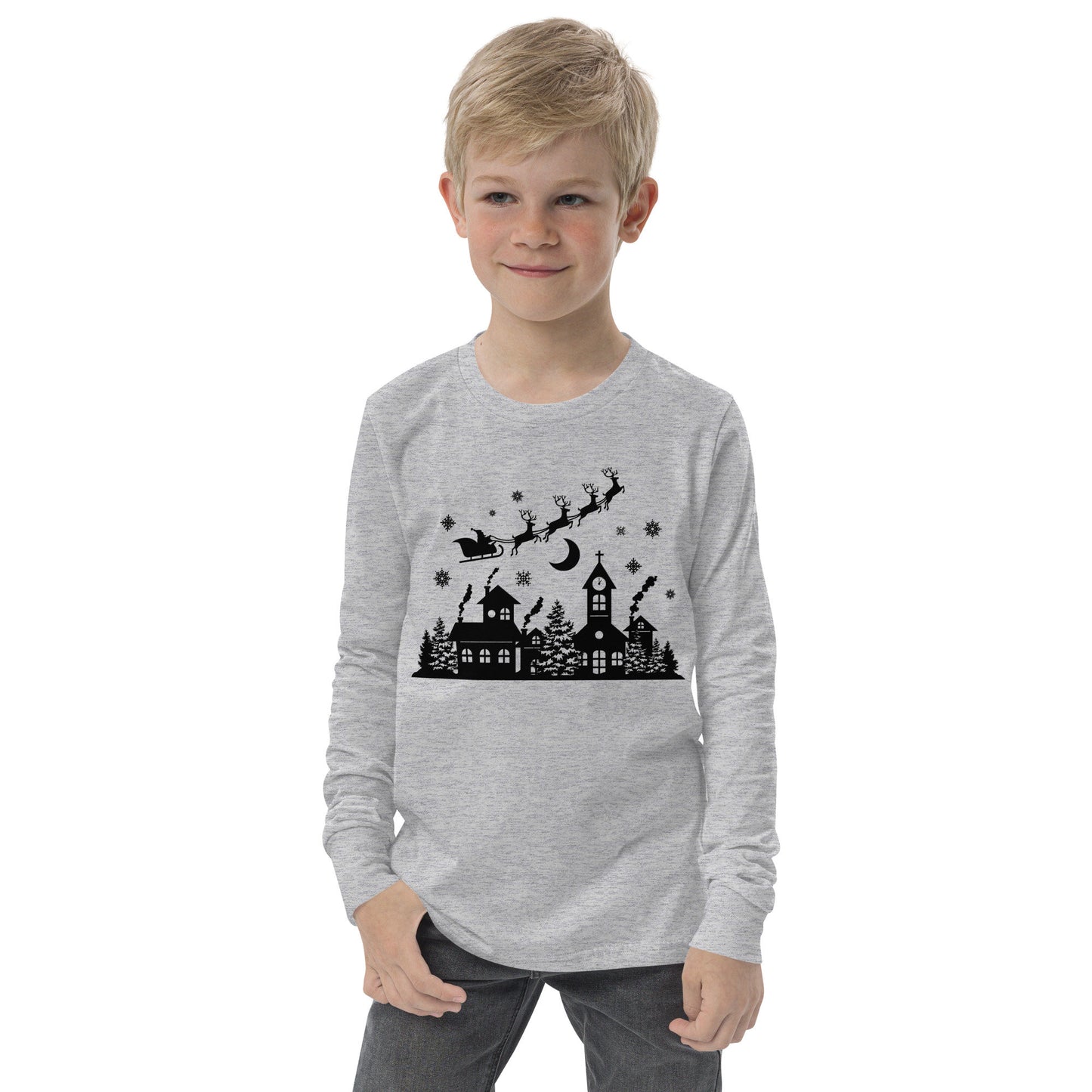 Old Town Silhouette - Santa Riding over in Sleigh with Reindeer - Youth long sleeve tee