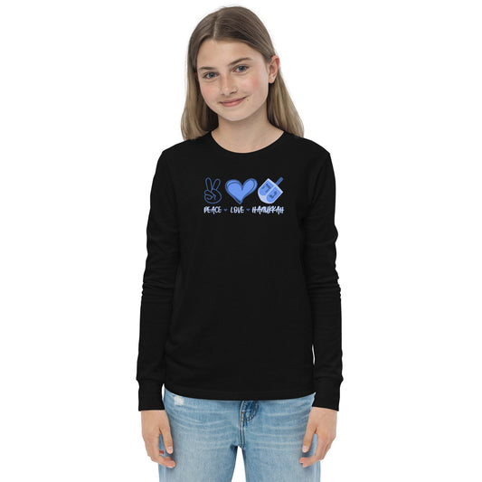 Hanukkah Saying - Peace, Love, Hanukkah - Fun Hanukkah Tshirt - Celebrate Hanukkah - Youth long sleeve tee