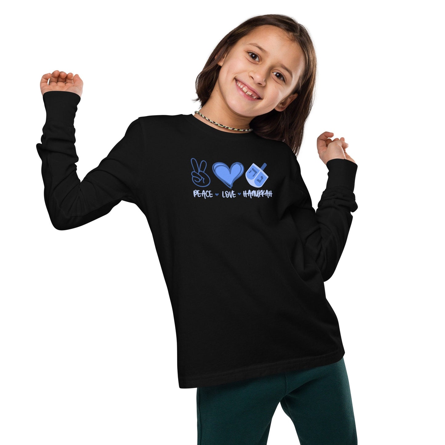 Hanukkah Saying - Peace, Love, Hanukkah - Fun Hanukkah Tshirt - Celebrate Hanukkah - Youth long sleeve tee