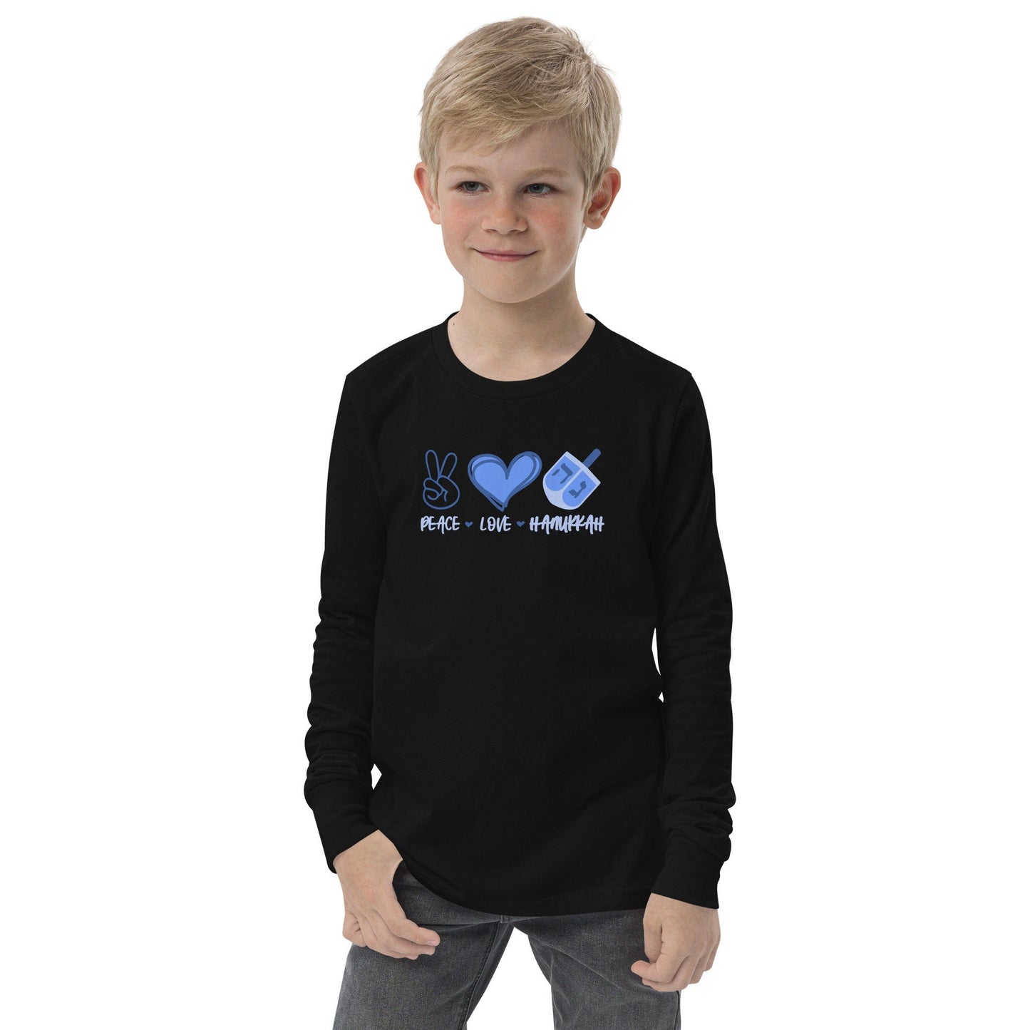 Hanukkah Saying - Peace, Love, Hanukkah - Fun Hanukkah Tshirt - Celebrate Hanukkah - Youth long sleeve tee