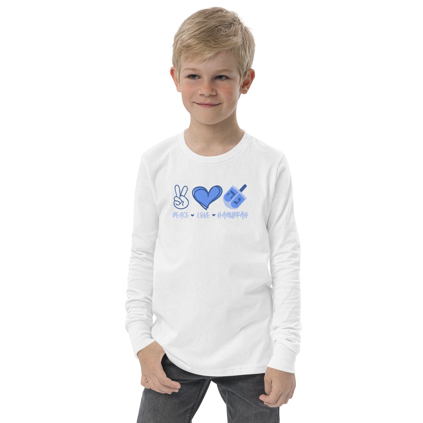 Hanukkah Saying - Peace, Love, Hanukkah - Fun Hanukkah Tshirt - Celebrate Hanukkah - Youth long sleeve tee